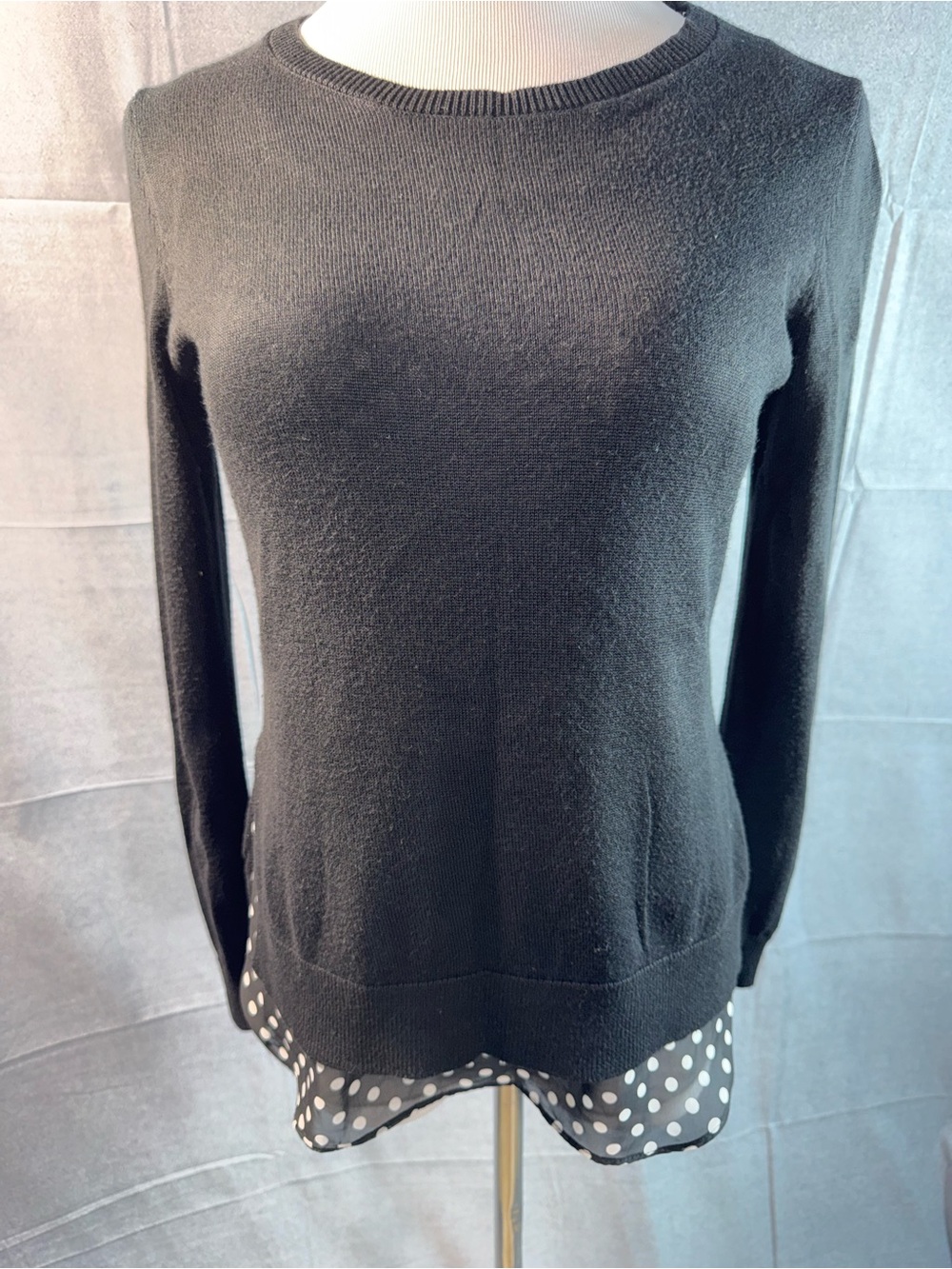 2065-Alyx Black Crewneck Sweater with Polka Dot Hem